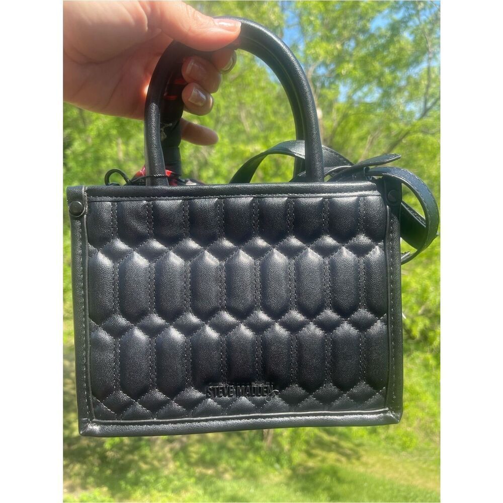 Steve Madden Black Quilted Mini Top-Handle Bag with Cherry Scarf - Picture 4 of 5